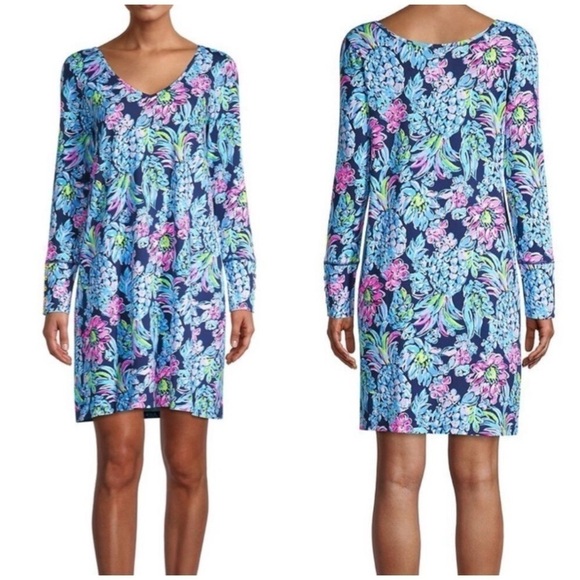 Lilly Pulitzer Kaisley Dual Neck Dress in High Tide Navy Pineapple Paradise - Picture 1 of 10